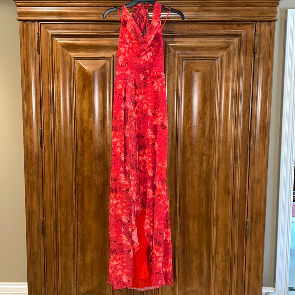 Halston Heritage Kaleidoscope Print Cowl Halter Gown - Picture 3 of 11